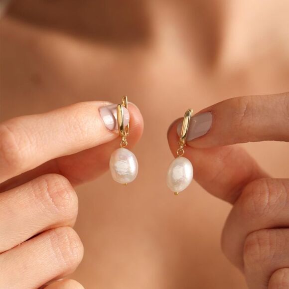 Pearl Dangle Earrings 14K Gold Plated Pearl Drop Hoop Dainty CZ Earrings Gift - Picture 3 of 5